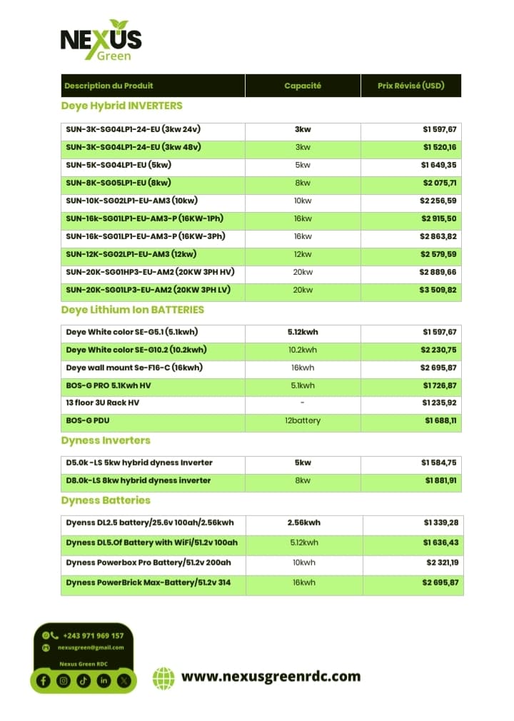 Catalogue & Tarifs des ondulateurs hybrides et batteries Lithium Dere & Dyness